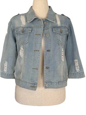 Light Wash Distressed Denim 3/4 sleeves Jacket